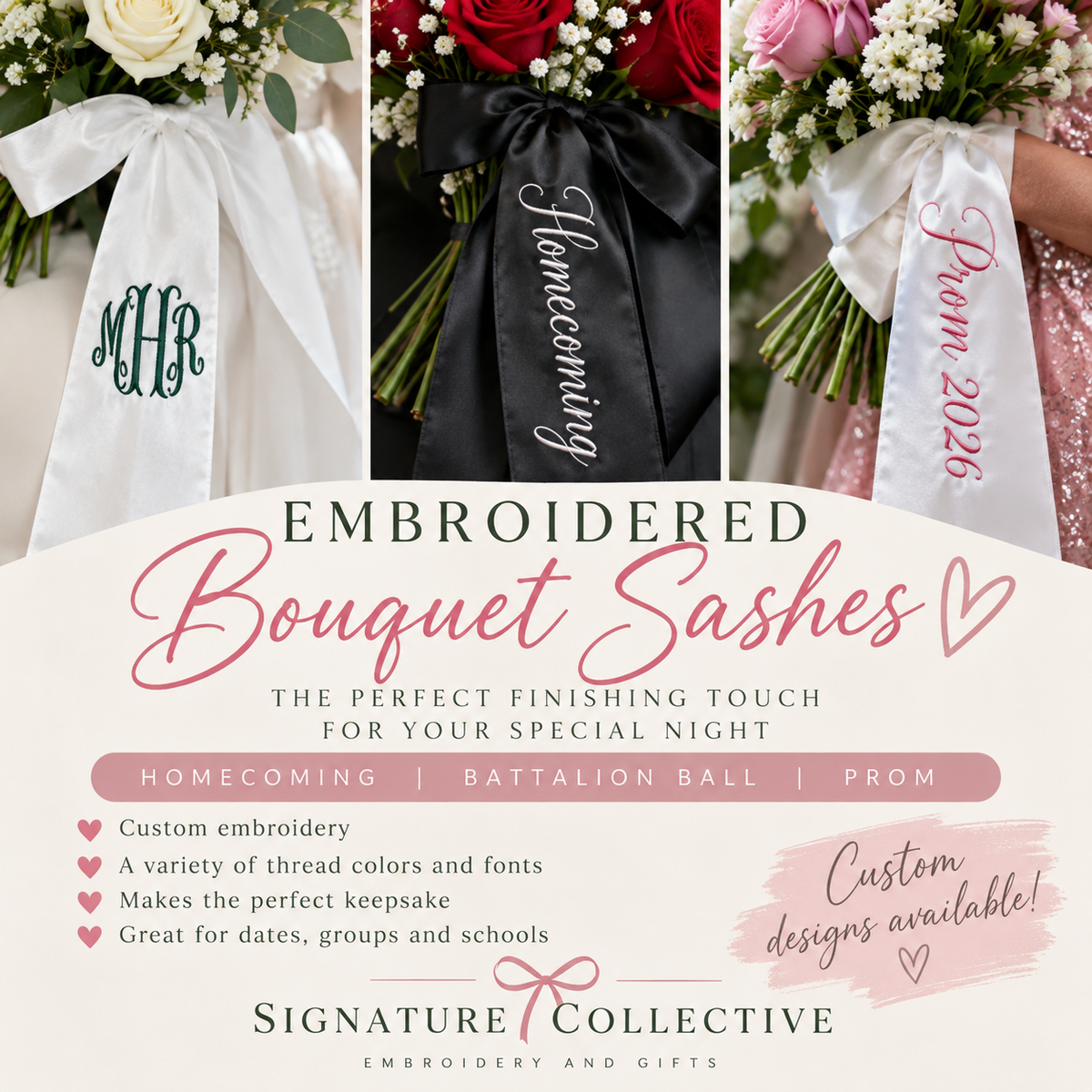 Embroidered bouquet sash